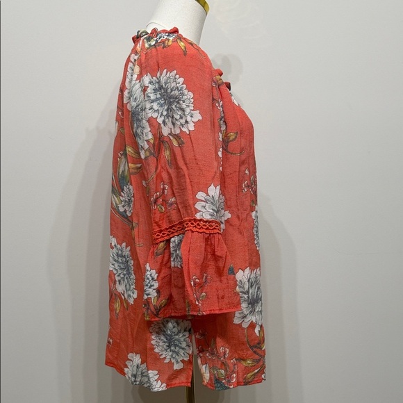 Spense Size M Orange  Floral Tunic Top V-Neck  3/4 Flare Sleeve - Picture 4 of 9